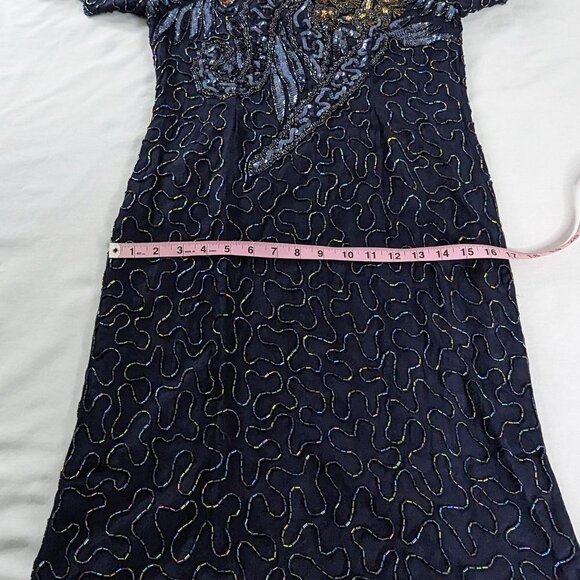 VTG Navy Blue Gold Silk Beaded Short Sleeve V Neck Formal Midi Dress - Picture 9 of 10